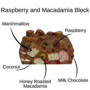 An image of Rocky Road with Raspberry, Macadamia, and Milk Chocolate ingredients. 