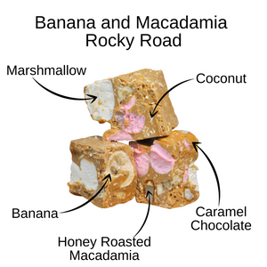 A delicious rocky road dessert featuring bananas and macadamia nuts, showcasing a blend of textures and flavours.