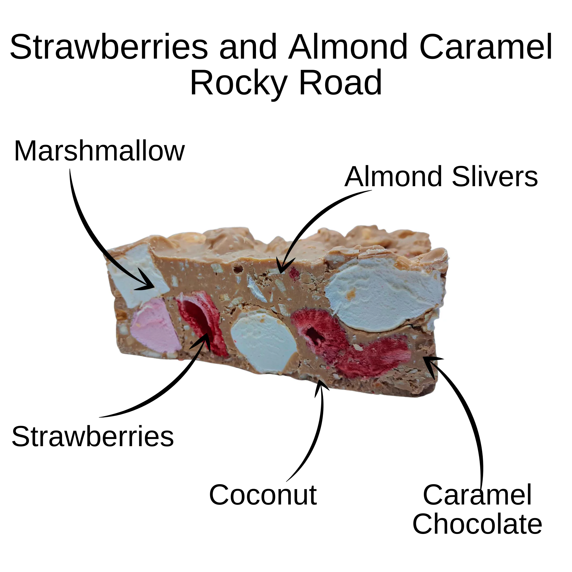 Rocky Road Strawberries and Almond Caramel Chocolate Block 500g