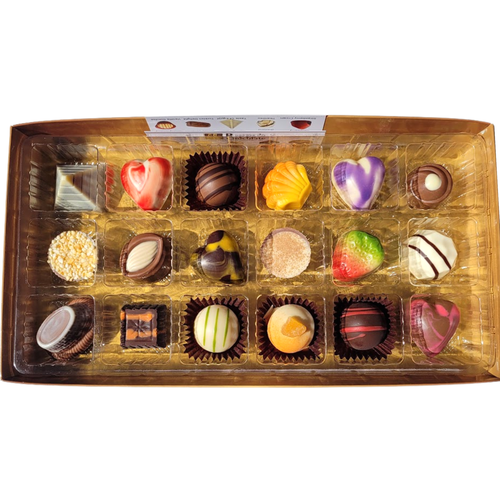 A Gift Box of 18 gourmet chocolates from Poppy's Chocolate, featuring an assortment of handcrafted pieces in various shapes and colors such as hearts, swirls, and stripes, elegantly arranged in a gold-bordered tray. The label proudly states "Handcrafted in Australia.