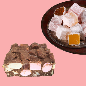 Rocky Road Cashew and Turkish Delight Milk Chocolate next to Turkish delight in a plate.