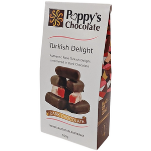 A box of Poppy's Chocolate, ideal for gifting, features the Chocolate Coated Turkish Delight Dark Chocolate 100g, with rose-flavored Turkish Delight wrapped in luxurious dark chocolate. This handcrafted Australian treat provides indulgence and elegance in every bite.